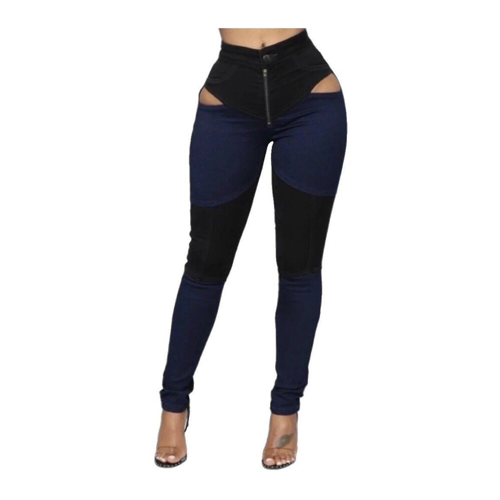 Fashion Nova Women's Straight Leg Denim Colorblock Cut Out Peek A Boo Jeans
